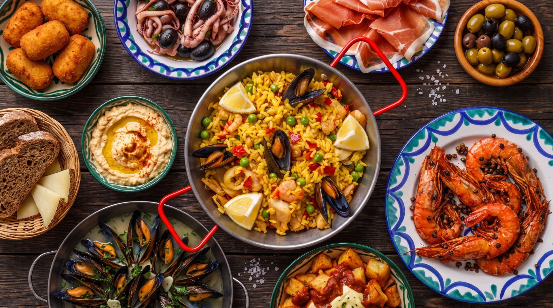 Mesa com paella e pratos da gastronomia espanhola