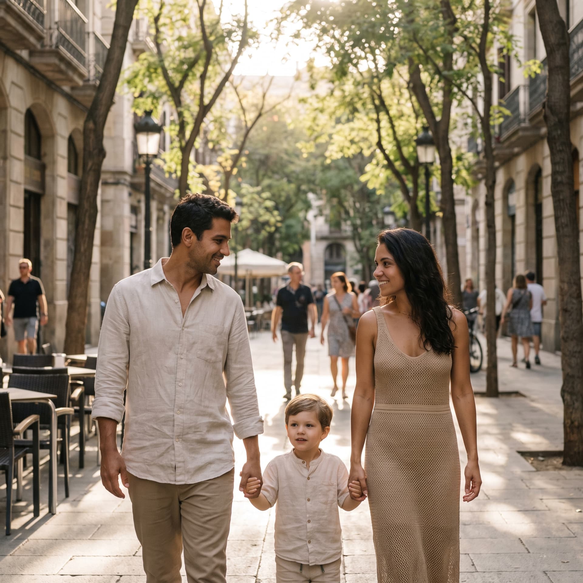 Família caminhando por um bairro europeu arborizado
