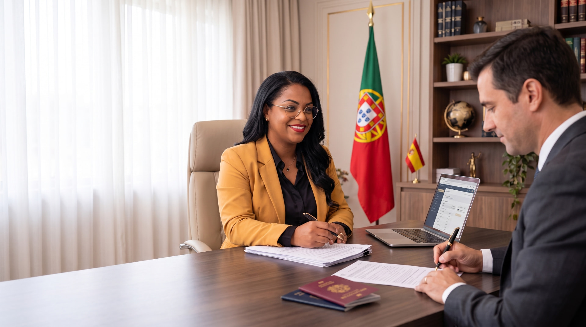 Angelina Sara Anowick orientando um cliente durante atendimento no escritório