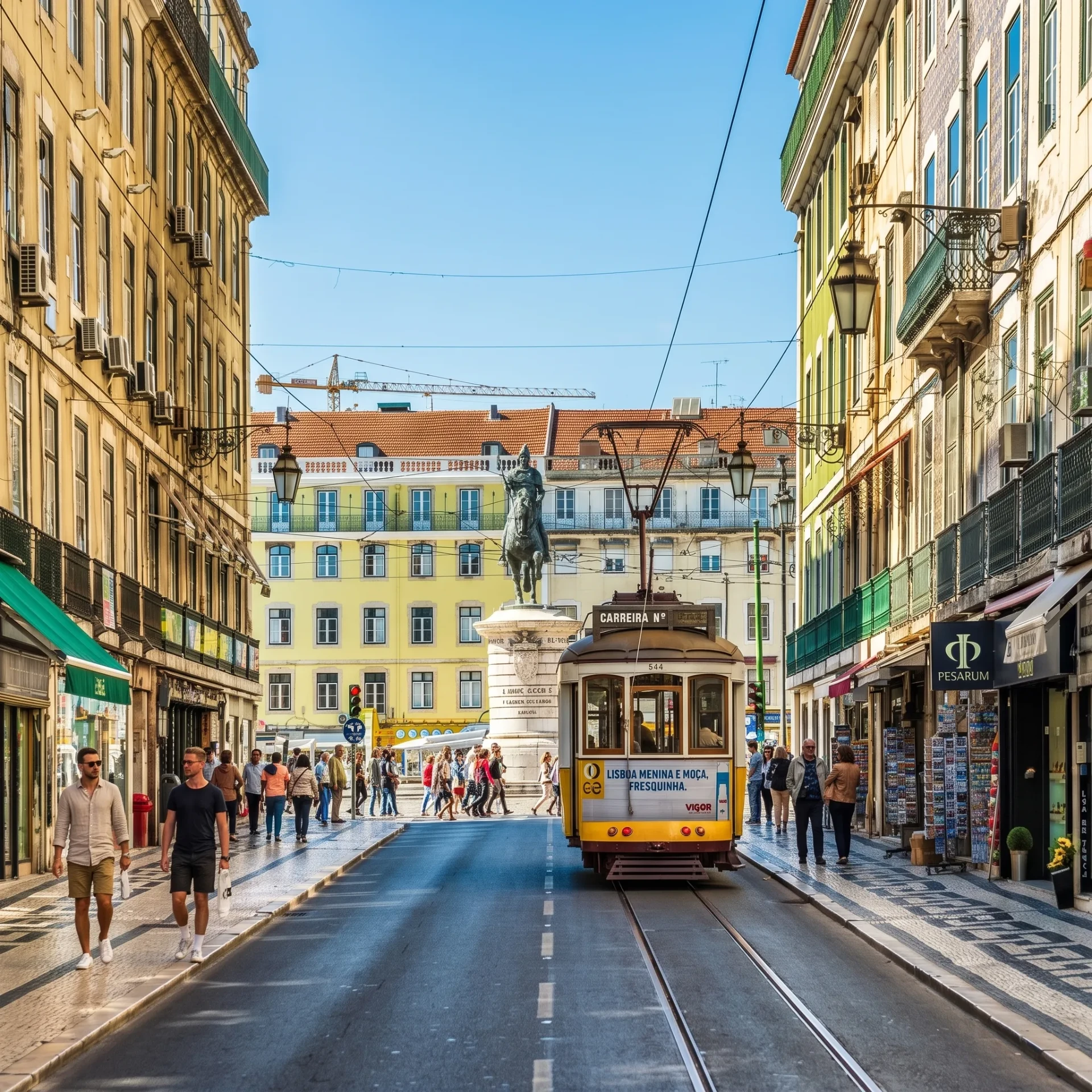 Elétrico percorrendo uma rua histórica portuguesa